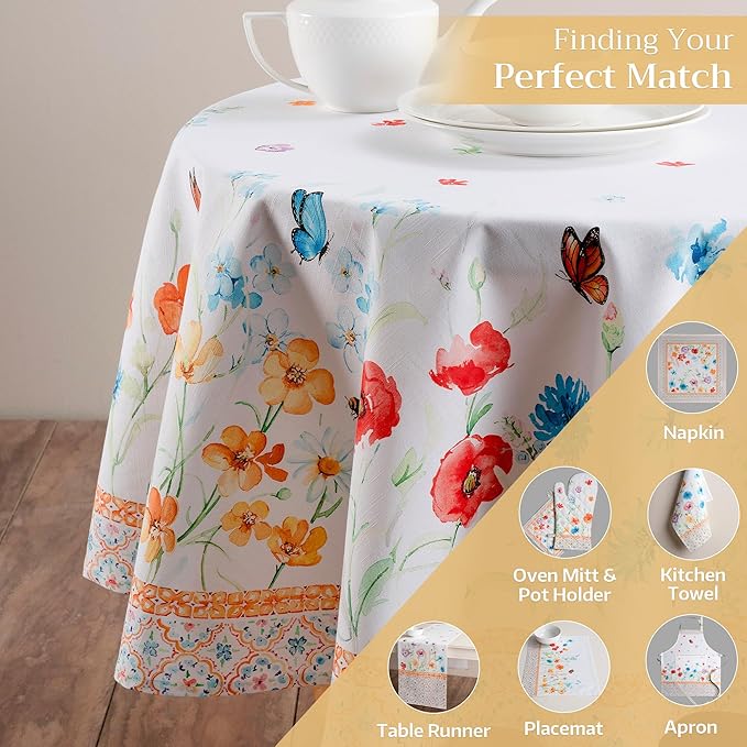 Maison d' Hermine Table Cloth Round Table 100% Cotton 63 Round Inches Tablecloth Reusable Decorative for Dining Room Farmhouse Home Valentines Day Decorations Spring Summer - Summer Whisper