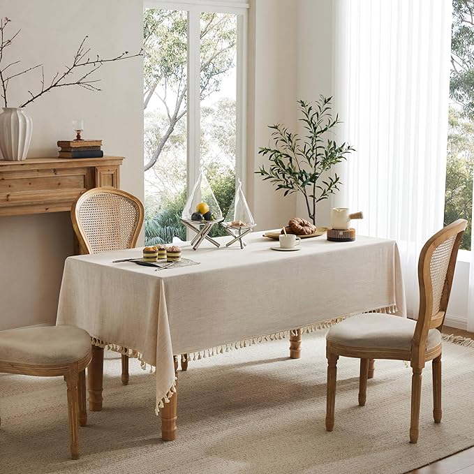 Linen Tablecloth with Tassels, Farmhouse Style Light Beige Tablecloth, Water Resistant Burlap Tablecloths for Rectangle Table, 60x120 Inch Light Tan