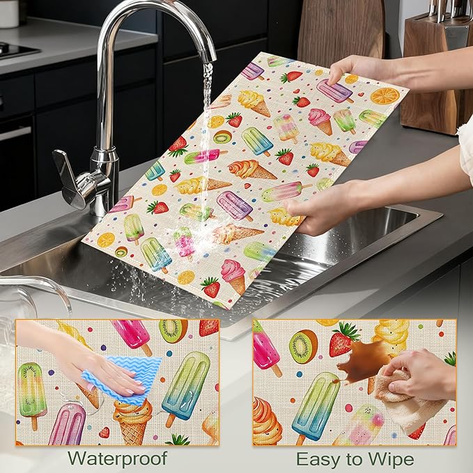 Summer Ice Cream Cloth Placemats,Fruits Popsicle Heat-Resistant Table Placemats Set of 6, Washable Linen Place Mats for Dining Room Table Decor Home Restaurant Cafes Holiday Party 11.8x17.7 Inch
