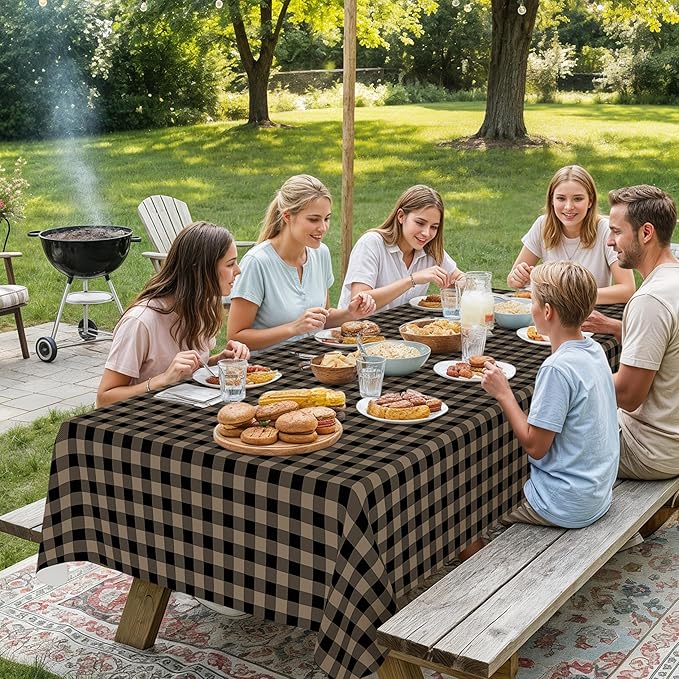 misaya Rectangle Waterproof Vinyl Table Cloth, Buffalo Flannel Backed Tablecloth, Wipeable Plastic Table Cover for Dinner, Kitchen, Outdoor (60" x 84", Black and Khaki)