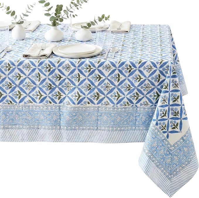 ATOSII Netta Blue 100% Cotton Rectangle Boho Fall Tablecloth, Handblock Floral Table Cloth Linen for Kitchen Dining I Parties Wedding Outdoors Farmhouse Grandmillennial I 72 X 108 Inches I 8 Seater
