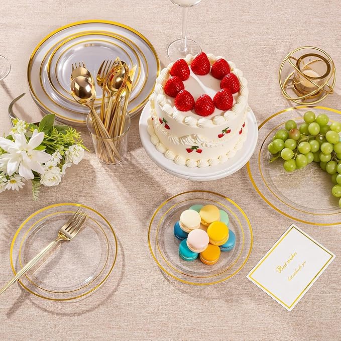 I00000 100Pcs Small Clear Gold Dessert Plates,Clear Disposable Plates with Gold Rim 7 Inch,Premium Hard Fancy Small Plate,Perfect for Birthday, Wedding & Party