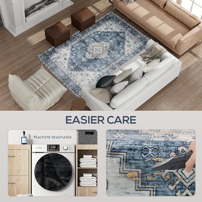 HOMCOM Washable Area Rug, 4'x6' Vintage Indoor Distressed Carpet, Retro Floor Cover Foldable, Floral Print Mat for Living Room, Bedroom, Dining Room, Blue
