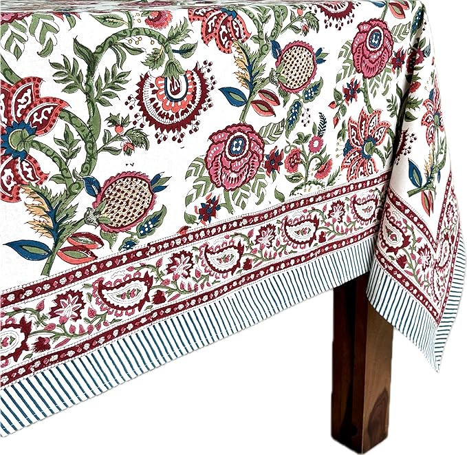 ATOSII Ruby 100% Cotton Square Summer Tablecloth, Block Print Floral Table Cloth for Dining Table, Parties, Weddings, Outdoors Grand Millenial Decor I 60 X 60 Inches I 4 Seater I