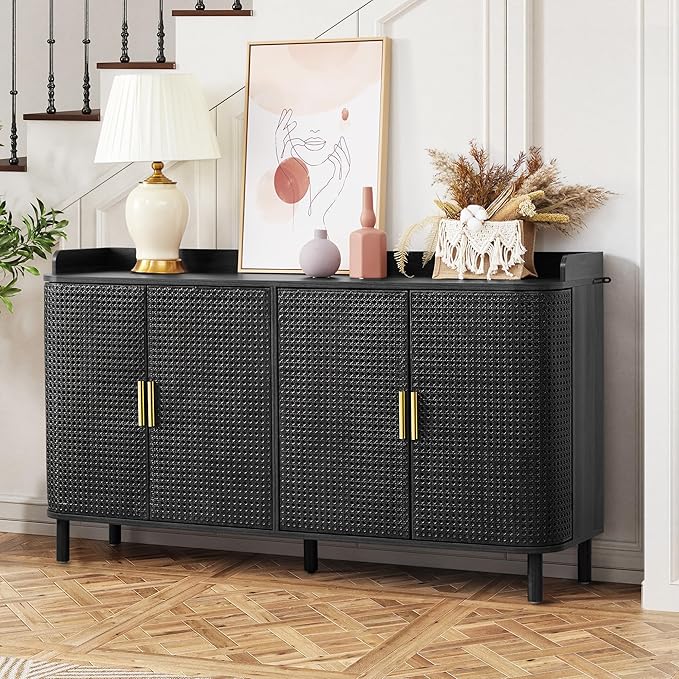ORRD 4 Doors Storage Cabinet, 2 Tier Wooden Storage Organizer Cabinet with Adjustable Shelf, Sideboard Buffet Cabinets with Iron Curved Doors Accent Shoe Rack for Entryway Hallway Living Room (Black)