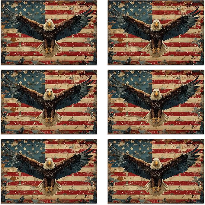 American Flag 12x18 Inch Placemats Set of 6 - Waterproof, Retro Eagle Non-Slip & Washable Table Mats for Kitchen & Dining Table Placemats