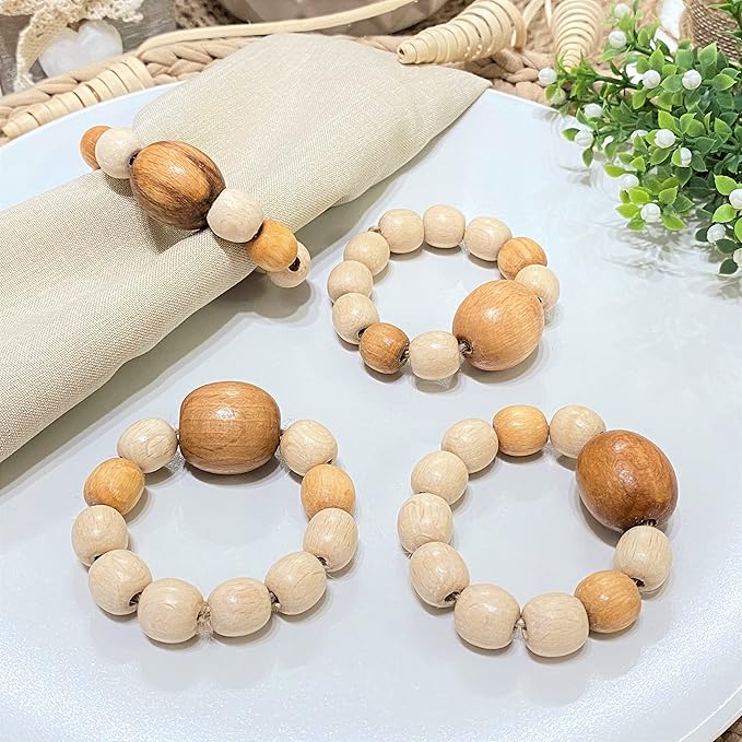 Napkin Rings Set of 6 - Wooden Beads Napkin Rings | Rustic Wooden Napkin Ring Holder for Table Decoration Handmade LEBEJUA Napkin Ring with Wood Beads & Napkin Holder with Jute Twine