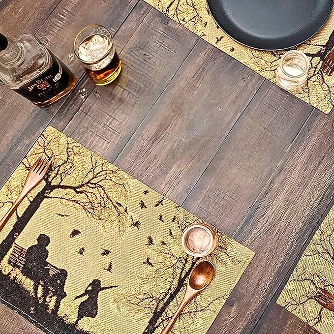 DaDalogy Farmhouse Rustic Dining Placemats - Set of 4 Tapestry Woven Cotton Halloween Kitchen Table Mats Fall Silhouette Decor - Family Cozy Cabin Orange Tan Black Decorative - 13” x 19”