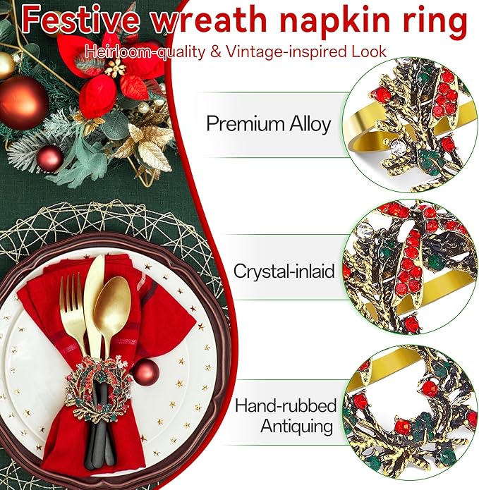 ZeeDix Christmas Wreath Napkin Rings Set of 24, Holiday Christmas Napkin Ring Holders for Cloth Napkins, Serviette Buckles for Thanksgiving Holiday Dinner Party Table Setting