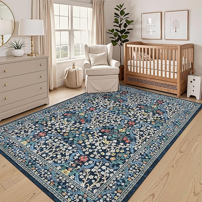 GarveeHome Floral Area Rugs 5x7, Dark Blue Washable Rug for Living Room, Bedroom, Low Pile Non Slip Stain Resistance Indoor Boho Carpet Mat for Farmhouse, Dining Room, Office