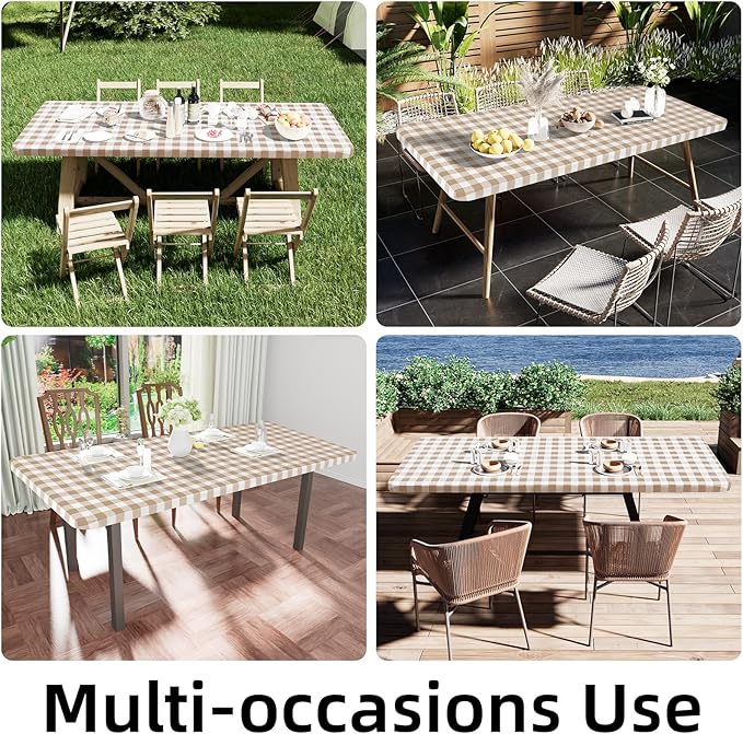 Smiry Rectangle Picnic Table Cloth, Elastic Waterproof Fitted Vinyl Tablecloths, Flannel Backed Buffalo Plaid Table Covers for Dining, Camping, Outdoor (White and Khaki, 36" x 60")