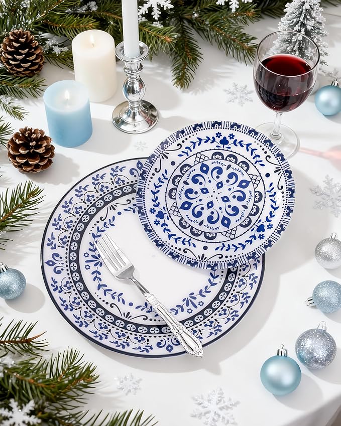 Hioasis 60pcs Blue Plastic Plates Set - Floral Blue & White Porcelain Design, 10.25" Dinner & 7.5" Dessert Plates Disposable for Wedding (Dishwasher Safe, Traditional Style)