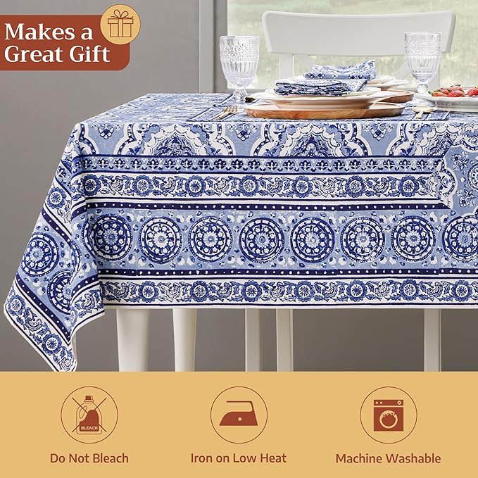 Maison d' Hermine Table Cloth Rectangle Table 100% Cotton 60 x 90 Inches Tablecloth Reusable Decorative for Dining Room Farmhouse Home Valentines Day Decorations Spring Summer - Melodie Bleue