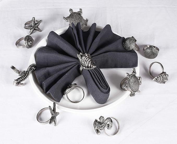ALPHA Living HOME Napkin Rings Set of 12, Premium 100% Metal, Rust-Resistant Tabletop Décor - Antique Coastal Sea Shell Napkin Holdersfor Family Dinner, Wedding, Party, Decorations - Antique Silver