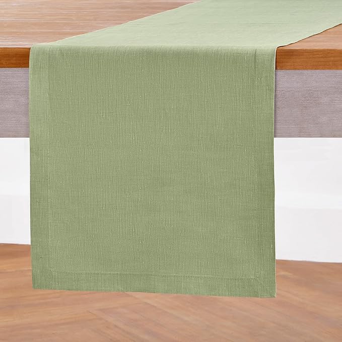 Solino Home Linen Table Runner 72 Inches Long - Athena, 100% Pure Linen Chambray Olive Table Runner 14 x 72 Inch for Dining, Spring, St Patricks Day