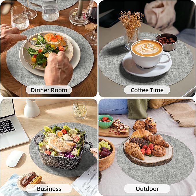15 inch Faux Leather Round Placemats Set of 4 Non-Slip Washable Wipeable Table Mats, Heat Resistant Waterproof Oilproof Place Mats for Kitchen, Dining, Party, Indoor, Outdoor Beige