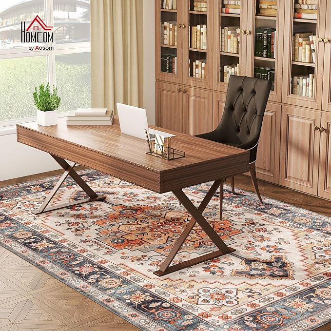 HOMCOM Washable Area Rug, 8'x10' Vintage Indoor Distressed Carpet, Retro Floor Cover Foldable, Floral Print Mat for Living Room, Bedroom, Dining Room, Tawny Brown