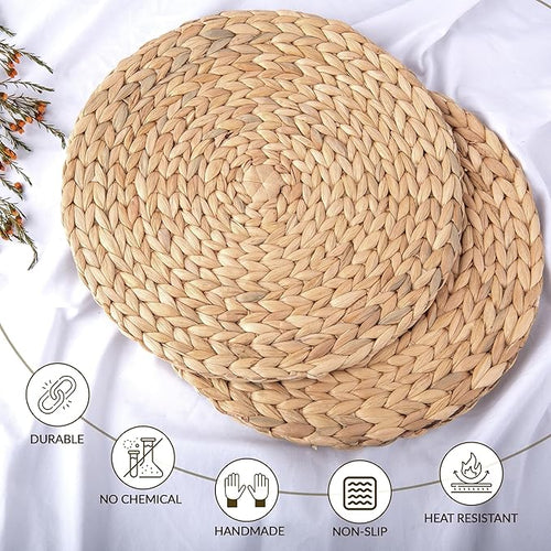 12" Water Hyacinth Woven Round Placemats Set of 6 - Wicker Boho Farmhouse Placemats - Rattan Table Mats for Dining Table, Wedding, Home