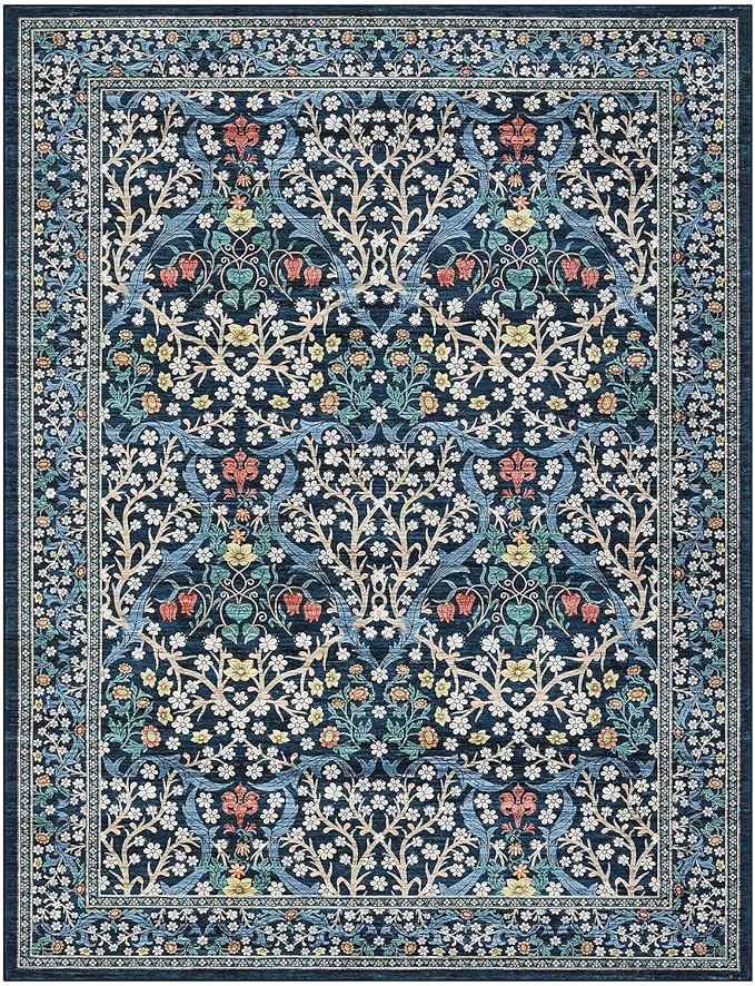 GarveeHome 4x6 Washable Area Rug for Living Room, Floral Large Entryway Kitchen Rug Non Slip, Ultra Soft Stain Resistance Carpet for Bedroom Laundry Room, Dark Blue