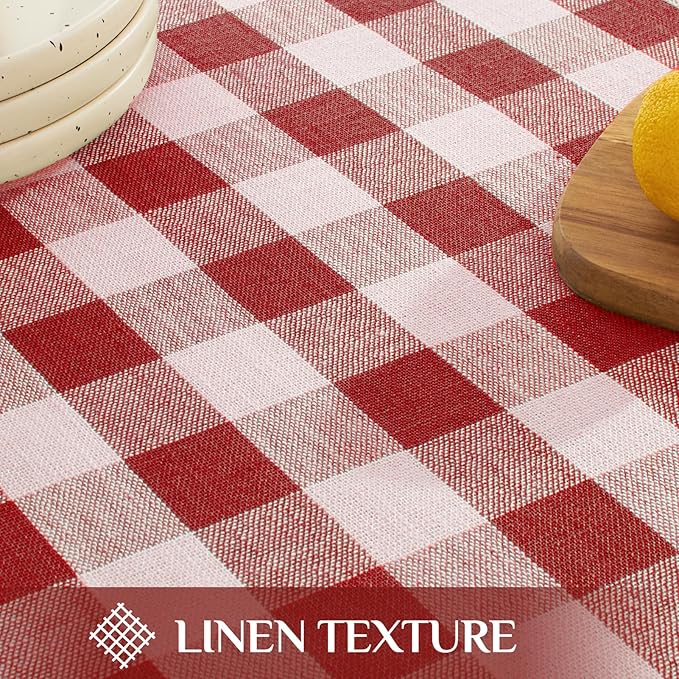 Softalker Checkered Tablecloth Rectangle, Outdoor Linen Cotton Gingham Table Cloth with Tassel, Heavy Duty Wrinkle Free Buffalo Plaid Table Cover for Kitchen Dining Home Party - 55 x 102 Inch, Red
