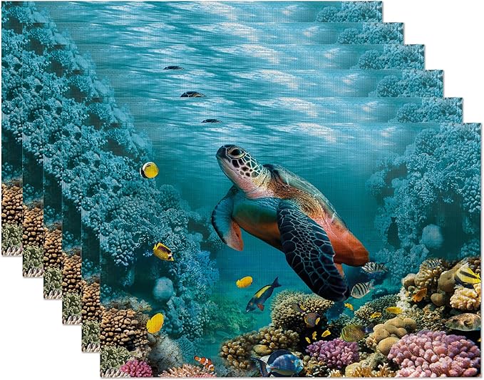 Turtle Underwater Placemats Set of 6,Sea Coral Fish Waterproof Non-Slip Washable Table Mats Set for Kitchen Dining Holiday Party Wedding Decor 12x18 Inch