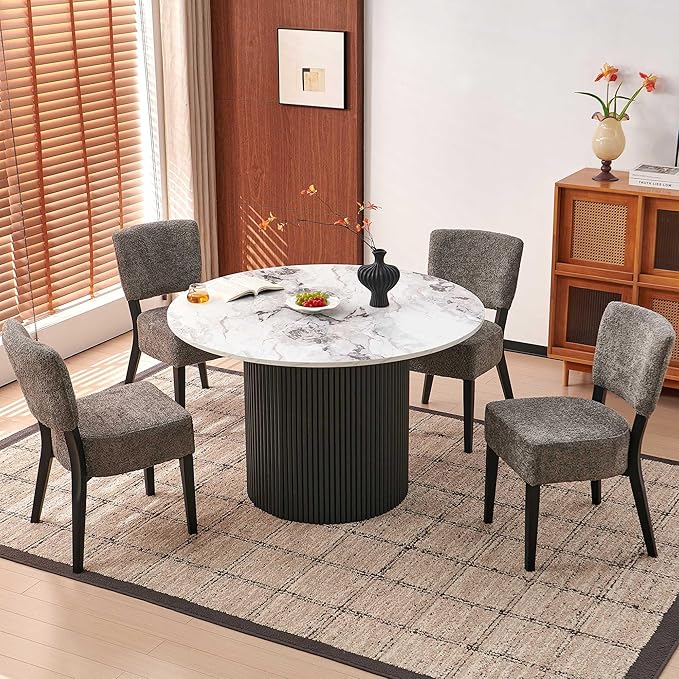 Howtek Round Dining Set for 4, 47-Inch Faux White Marble Wood Kitchen Table with 4 Gray Stackable Upholstered Dining Chairs, Dining Room Table and Chairs Set for Kitchen, Living Room