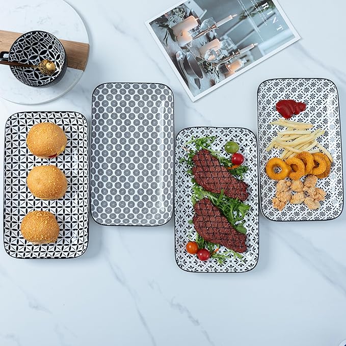 LEHAHA Serving Platters Set of 4, 12" Inch Rectangular Tray, Serving Dishes for Entertaining, Ceramic Serving Trays for Serving Food for Party and Cookies, Microwave & Dishwasher Safe, Black