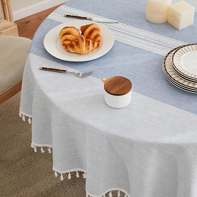 ZeeMart Contrast Linen Round Tablecloth 52 Inch Mid-Stripe Blue, Farmhouse Style Round Table Cloth Heavy Weight Dusty Blue Tablecloths, Water Resistant Burlap Table Cloths