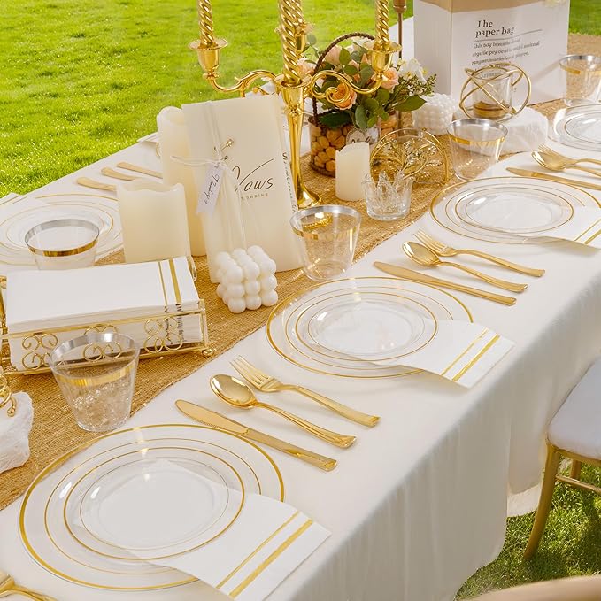 GATHER 350PCS Clear Gold Plastic Plates - Disposable Gold Dinnerware Sets Includes 100 Gold Rim Plastic Plates, 150 Silverware, 50 Napkins, 50 Cups for Party, Wedding