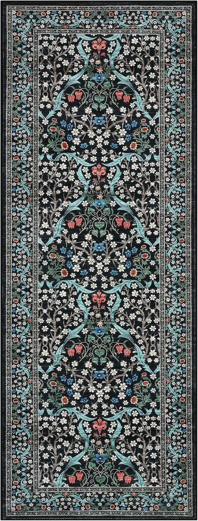 GarveeHome Kitchen 2x6 Runner Rug, Floral Washable Rugs for Hallways Non Slip Stain Resistant, Boho Soft Rug Botanical Carpet for Entryway, Laundry Room, Bedroom Floor Mat, Black