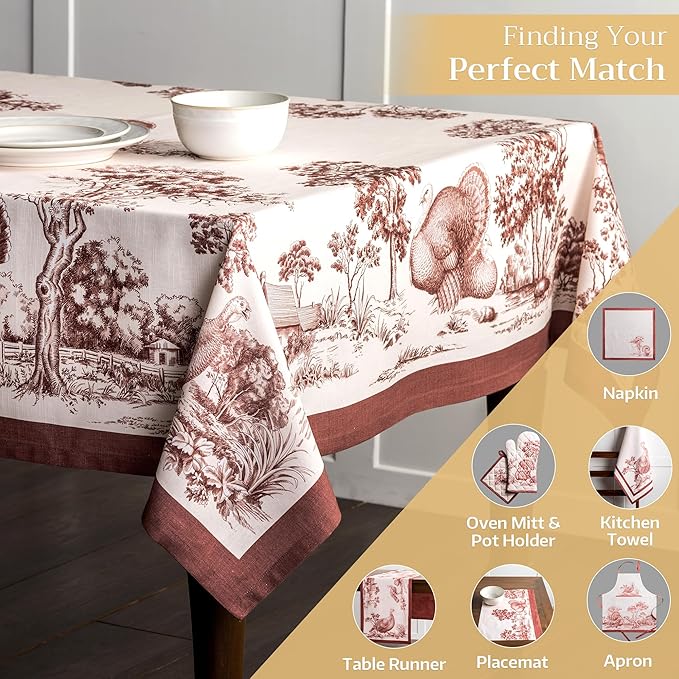 Maison d' Hermine Table Cloth Rectangle Table 100% Cotton 60 x 120 Inches Fall Tablecloth Reusable Everyday Use for Thanksgiving Christmas Decorations Dining Farmhouse Party (Holy Jouy - Brown)