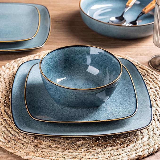 AmorArc Ceramic Dinnerware Sets for 4, 12 Pieces Square Handpainted Plates and Bowls Set, Chip and Scratch Resistant Stoneware Dishes Set, Dishwasher & Microwave Safe, Ocean Blue