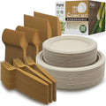 PAMI 250-Piece Compostable Degradable Tableware Eco Set Disposable Sugarcane Plates, Cutlery & Cups Heavy-Duty Eco Dinnerware