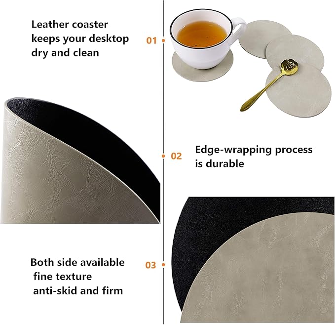 Set of 4 Faux Leather Round Placemats and Coasters, Coffee Mats Kitchen Table Mats, Waterproof, Easy to Clean for Kitchen Dining Round Table