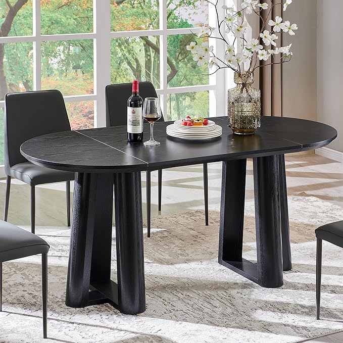 OKD 63" Dining Table for 6-8, Oval Dining Room Table with Triangular Structure Pedestal Stable Base, Curved Table Edge, Circle Kitchen Tables for Dining Room, Kitchen, Black Oak