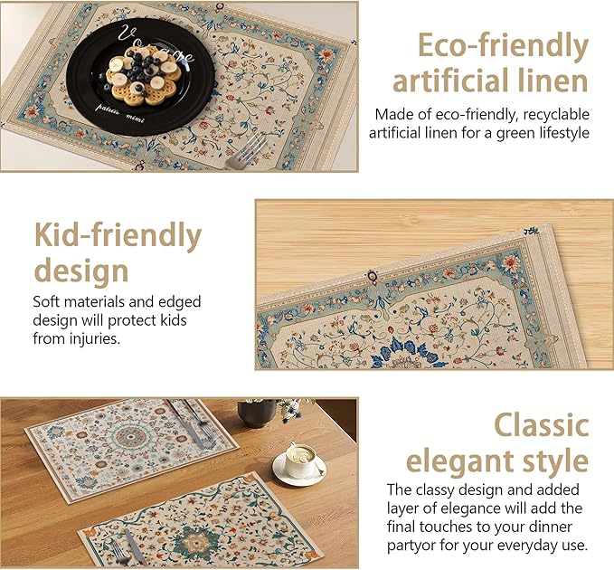Persian Carpet Spring Summer Green Blue Placemats Set of 6, Linen Washable for Christmas, Thanksgiving, Party, and Daily Dining, Decorative Table Mats for 4-6 Person Table
