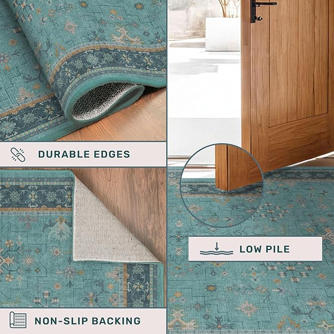 3x4 Teal Rugs for Entryway Indoor - Washable Non Skid Area Rug for Large Kitchen, Bedside, Bathroom, Mudroom, Boho Geometric Floral Design, Non Slip Low Pile Fade Resistant