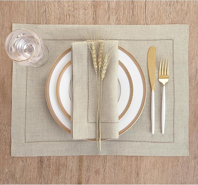 Solino Home Natural Linen Napkins Set of 4-100% Pure Linen Hemstitch Dinner Napkins 20 x 20 Inch for Spring, Easter - Classic Hemstitch