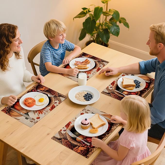 Thanksgiving Pumpkin Placemats Set of 4 Washable Table Place Mats for Dining Kitchen Party Decor