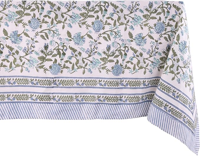 ATOSII Mahoka Blue 100% Cotton Fall Tablecloth, Handblock Floral Linen Table Cloth for Kitchen Dining Table I Parties Weddings Outdoors Easter Valentine's Gift I 60 X 90 Inches I 6 Seater