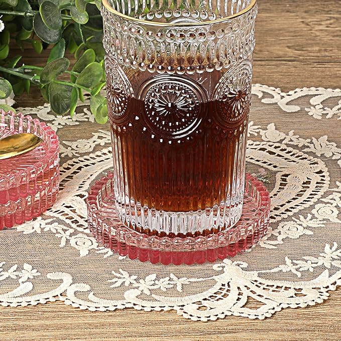 JUXYES 8 Pack Clear Pink Crystal Coasters Round Cup Mat, Glass Coasters for Drinks Coffee Tea Wine, Decorative Wine Bottle Coaster, Crystal Drink Coasters for Restaurant bar Kitchen Dining Table