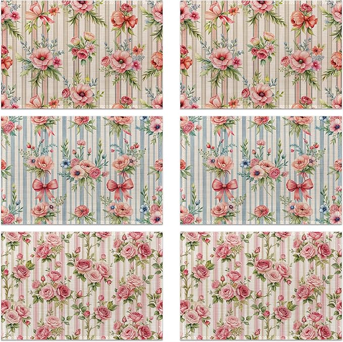 Table Placemats Set of 6, Waterproof Linen Fabric, Non-Slip Backing & Easy Clean, Elegant Dining Table Protectors for Family and Guests(Vintage Floral Countryside)