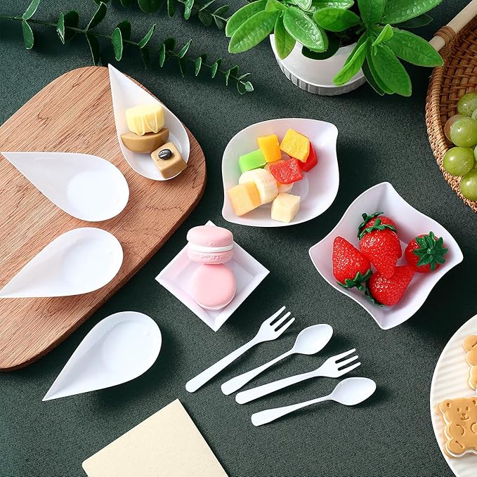 Tessco 800 Pcs Mini Appetizer Plates Set Including 400 Disposable Dessert Plates Assorted Shape 200 Mini Plastic Forks 200 Plastic Spoons for Party(White,Classic)