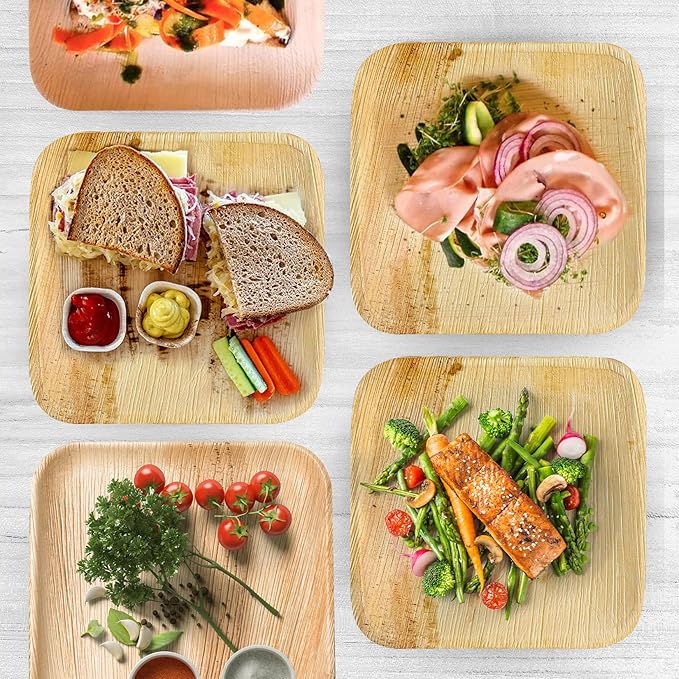 Raj Palm Leaf Plates Bulk [50-Pack] 10" Square Plates (2 CASES - 100 PACK) like Bamboo plates Disposable, Strong, Decorative Compostable Tableware for weddings, Lunch, Dinner, Birthday, Camping