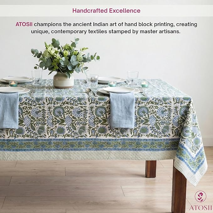 ATOSII Clover Blue 100% Cotton Rectangle Fall Tablecloth, Handblock Floral Linen Table Cloth for Kitchen Dining Table I Parties Christmas Thanksgiving I Fall Home Decor 60 X 90 Inches I 6 Seater