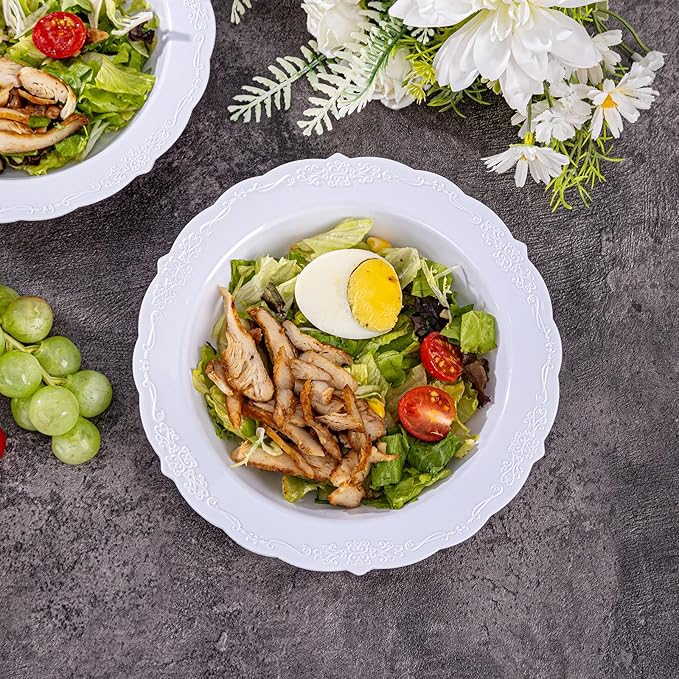 DaYammi 100 Pack White Plastic Bowls, 12oz Disposable Soup Bowls, Heavy Duty Dinner Bowl for Weddings, White Disposable Bowls for Parties, Dinners, Catering and Everyday Use