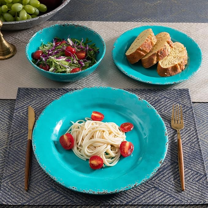 Dinner Plates, 6 Piece Vintage Melamine dinnerware Set, 11-inch Melamine Salad/Dessert Plates, Set of 6, Outdoor Pasta Plates or Shallow Bowl for Patio and Everyday Use, Teal…