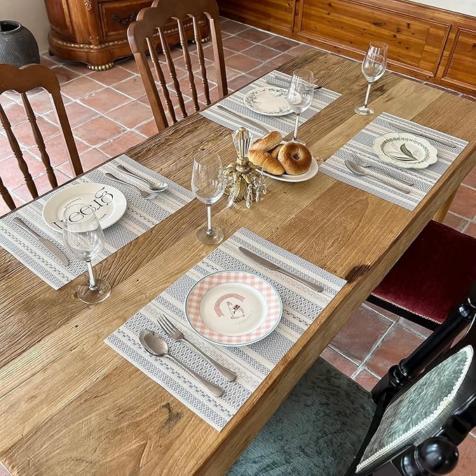FAVE Blue Boho Vinyl Placemats Set of 4, Durable Woven Place Mats Washable Heat Resistant PVC Table Mats for Parties,Weddings, Dining,Banquet(Blue, 4PCS)