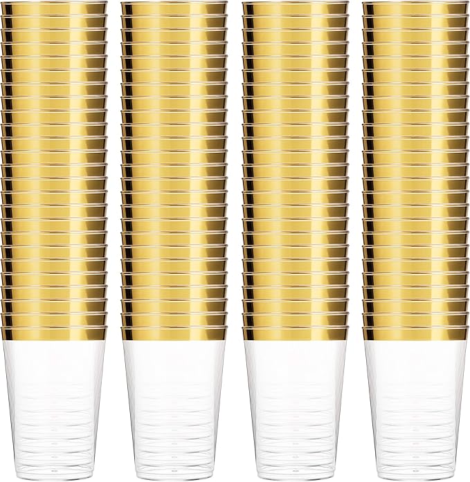 Munfix Gold Plastic Cups - 16 Oz Clear Tumblers with Gold Rim - Elegant Disposable Wedding & Party Cups