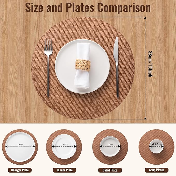 Jovono 15" Faux Leather Big Round Placemats Set of 6 - Washable Heat Resistant Non-Slip Dining Table Mats with Fabric Texture for Kitchen Home Party Decor, Brown